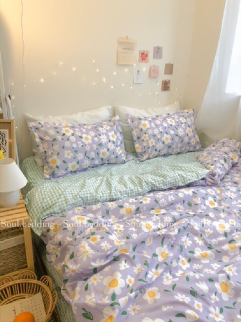 [Soul.bedding] Set ga gối hoa tím polly cotton