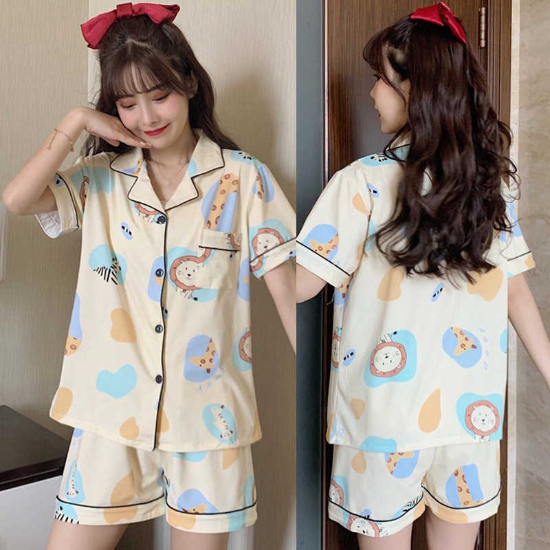 Bộ đồ ngủ ngắn tay in họa tiết phong cách hàn quốc thời trang mùa hè cho nữ