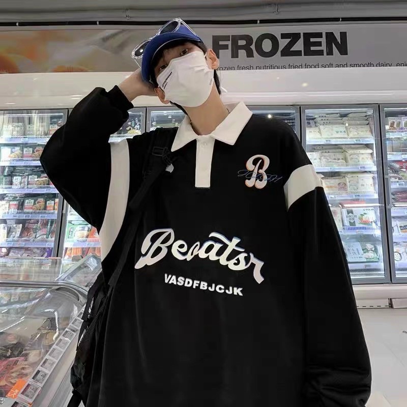 Áo Polo Dài Tay Chữ B  Unisex  Nỉ form rộng oversize in chữ xanh vintage cá tính đường phố hàn quốc đẹp