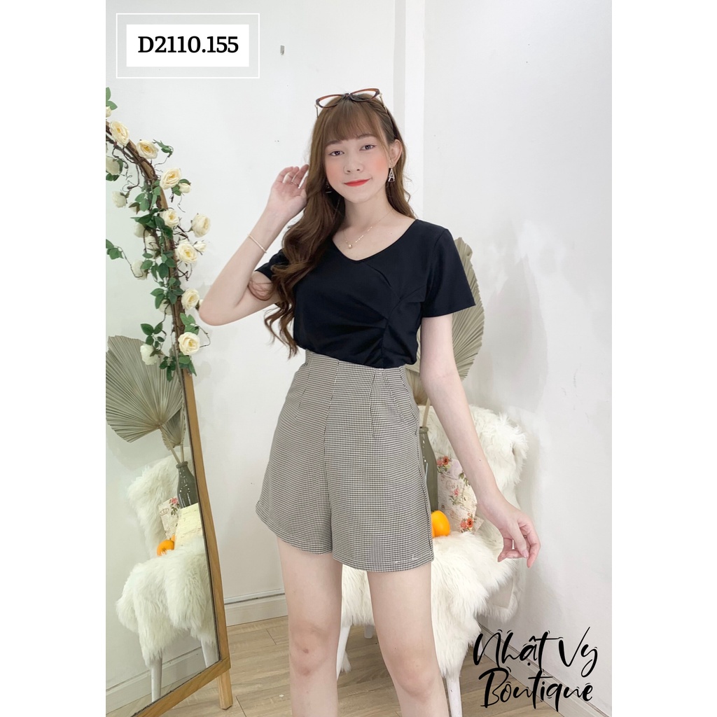 Áo thun nữ trơn NHATVY cổ tim nhún ngực 1 bên tay ngắn - D2110