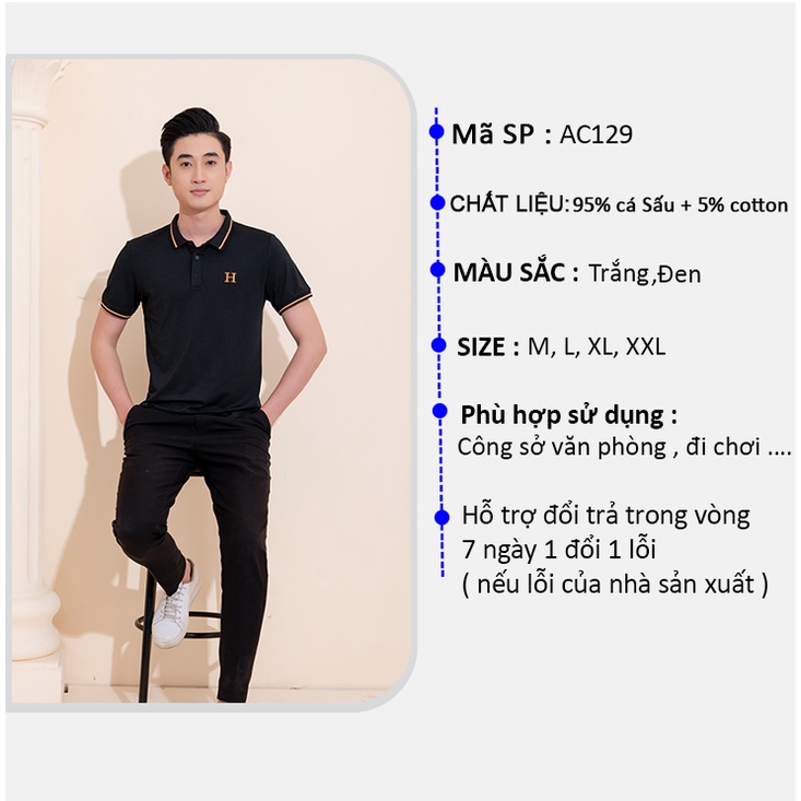Áo Polo Nam, Áo Phông Nam Cổ Bẻ Phối Viền Thêu Chữ H Cam Chất Liệu Cá Sấu PVC - AC129
