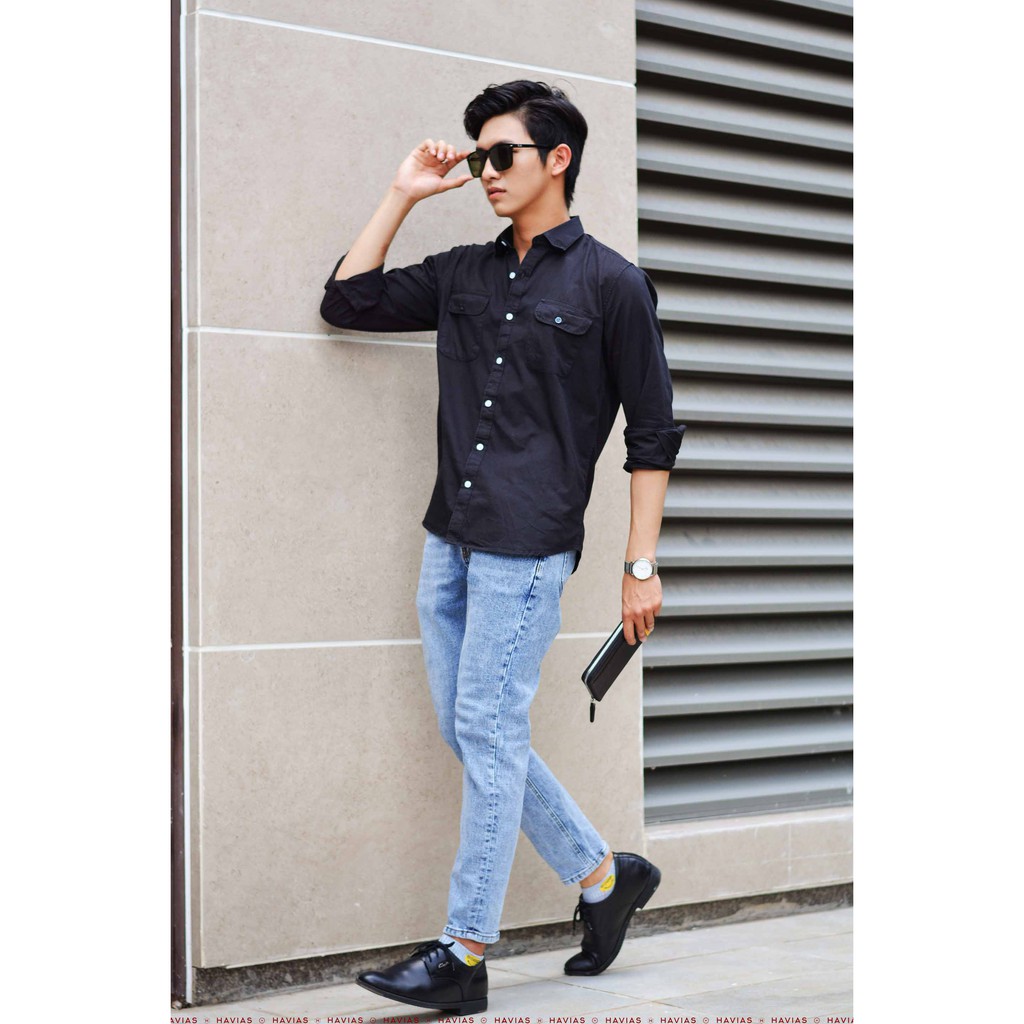 Sơ mi nam tay dài Havias có 2 túi màu đen vải Cotton 100% cao cấp