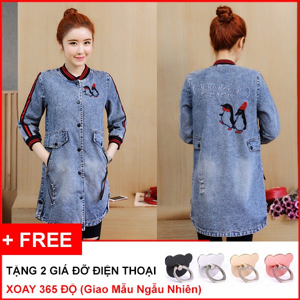 SIÊU ĐẸP - SIÊU CHÂT - Áo khoác jean form dài kiểu áo khoác phối sọc thêu hình chim cánh cụt AKL1288315 - TẶNG GIÁ ĐỠ ĐT
