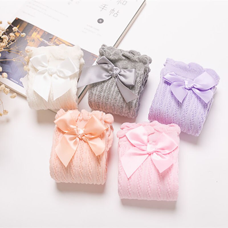 Vớ Cotton Dài Đến Đầu Gối Phối Lưới Đính Nơ Dễ Thương Thoáng Khí Cho Bé Gái