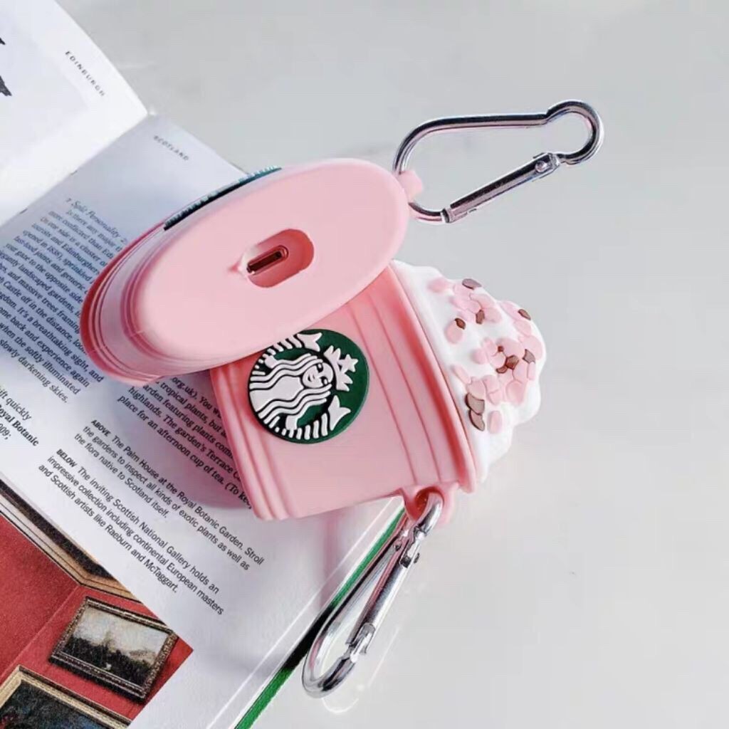 Vỏ bảo vệ hộp sạc tai nghe Airpods 1 2 hình ly kem starbucks màu hồng kèm móc treo độc đáo