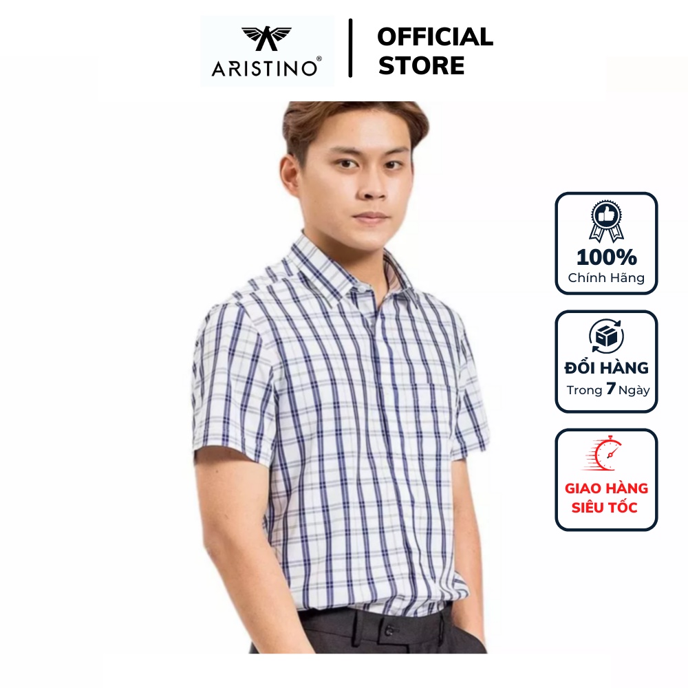 Áo sơ mi nam công sở tay ngắn Aristino màu kẻ ô tím than dáng regular fit vải sợi sồi ASS599S8