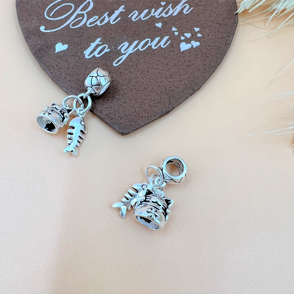 Charm móc treo lỗ lớn mèo và xương cá - Charm Bạc 925 - Mã CA805