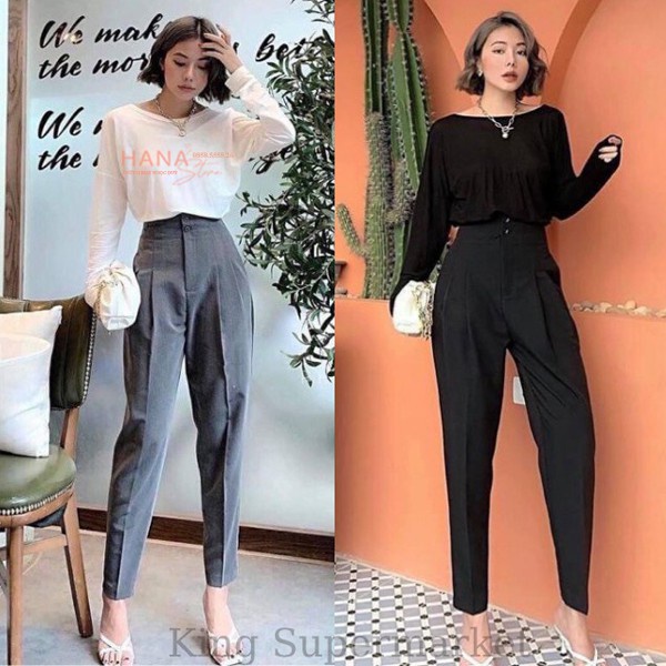 Quần baggy cạp liền 2 khuy siêu cao dáng ống thụng hot màu đen vải tuyết mưa dày dặn - Mặc đi học đi chơi đi làm công sở