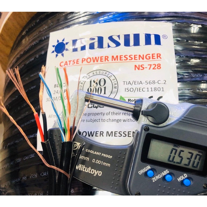 Dây cáp mạng 8 lõi liền nguồn Nasun NS-728 lõi nhôm mạ đồng nguyên chất cuộn 305M chuyên dùng cho hệ thống camera ip