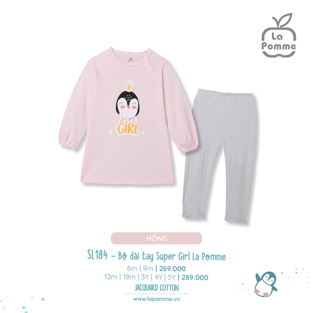 Bộ La Pomme Cotton Supper Girl cánh cụt dài tay cao cấp mềm mịn thấm hút tốt cho bé gái SL184