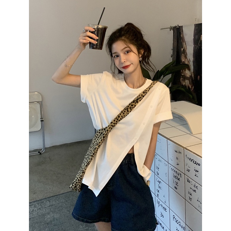Áo thun cotton form rộng tay ngắn thiết kế xẻ tà phong cách thời trang Harajuku mùa hè cho nữ