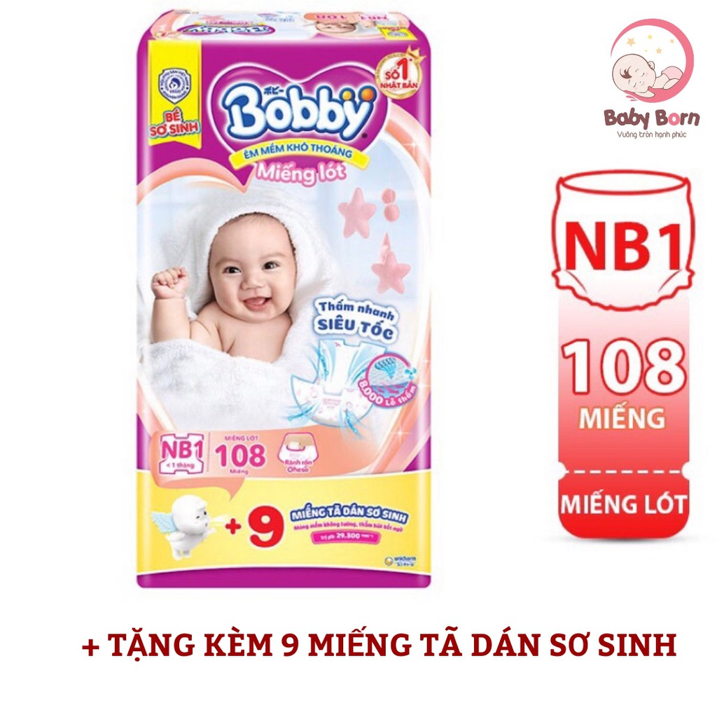 {CHÍNH HÃNG} - Miếng lót sơ sinh Bobby NB1 108 miếng - tặng kèm 9 miếng tả dán sơ sinh