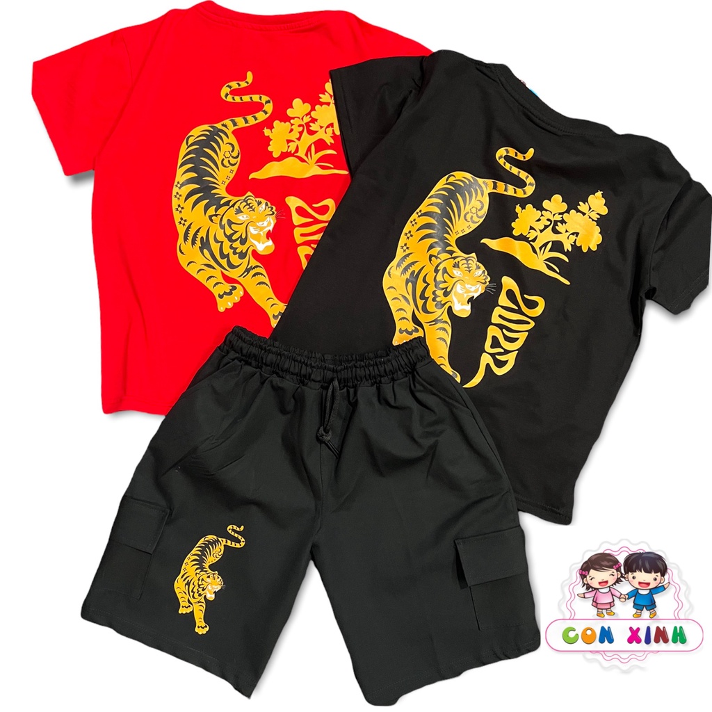 Bộ đồ bé trai CON XINH cotton quần kaki hình in Cọp vằn 2022, thời trang trẻ em thừ 4 đến 10 tuổi