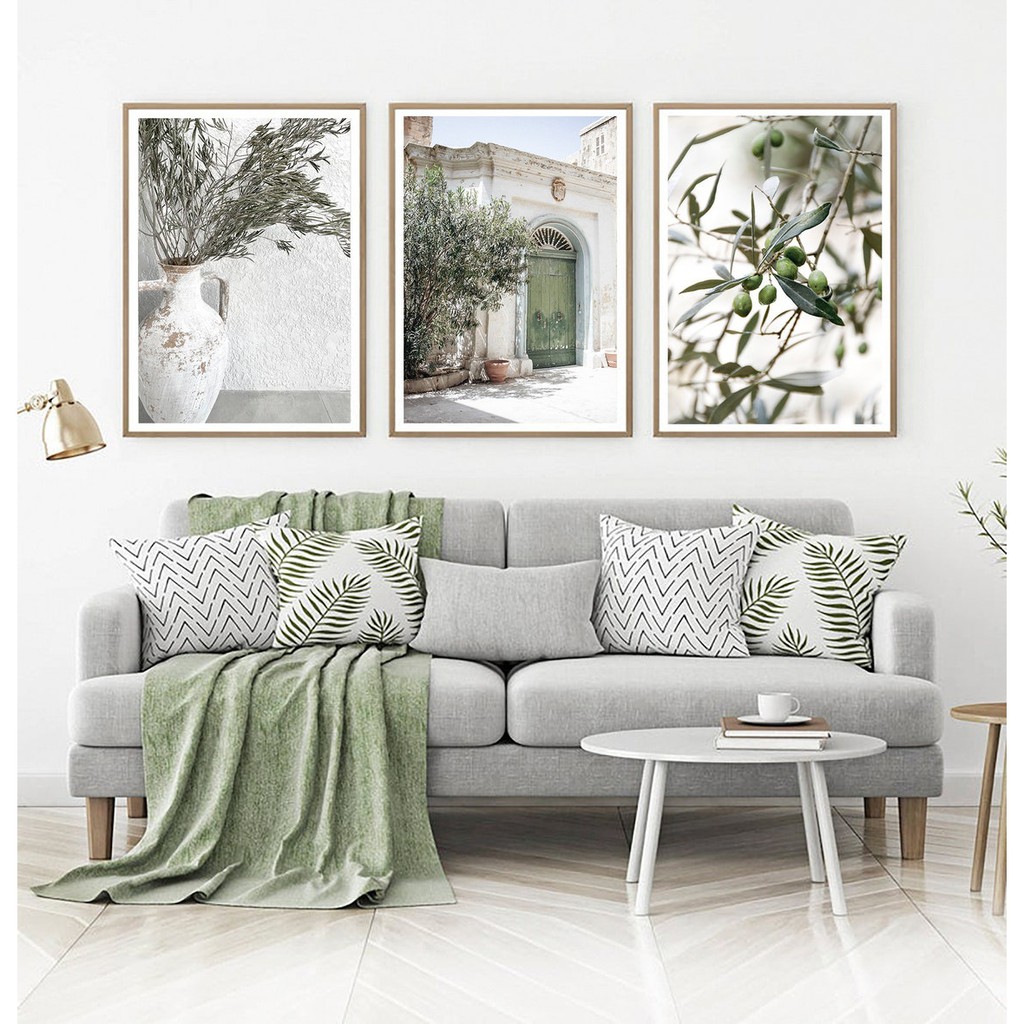 set 3 tranh tone xanh cây, tranh treo tường có móc và đinh tặng kèm, tranh chống ẩm mốc.