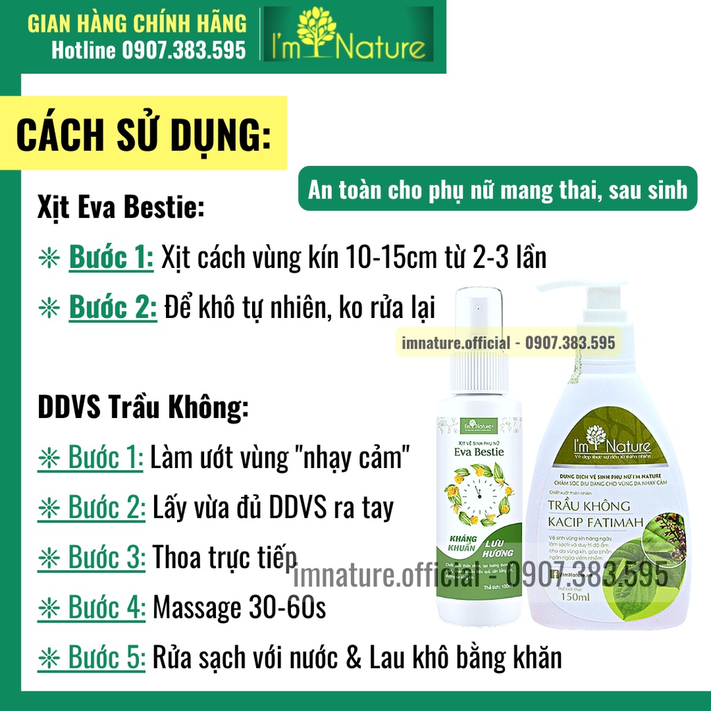 Combo Dung Dịch Vệ Sinh Trầu Không I'm Nature &amp; Xịt Khử Mùi Vùng Kín Eva Bestie 100ml