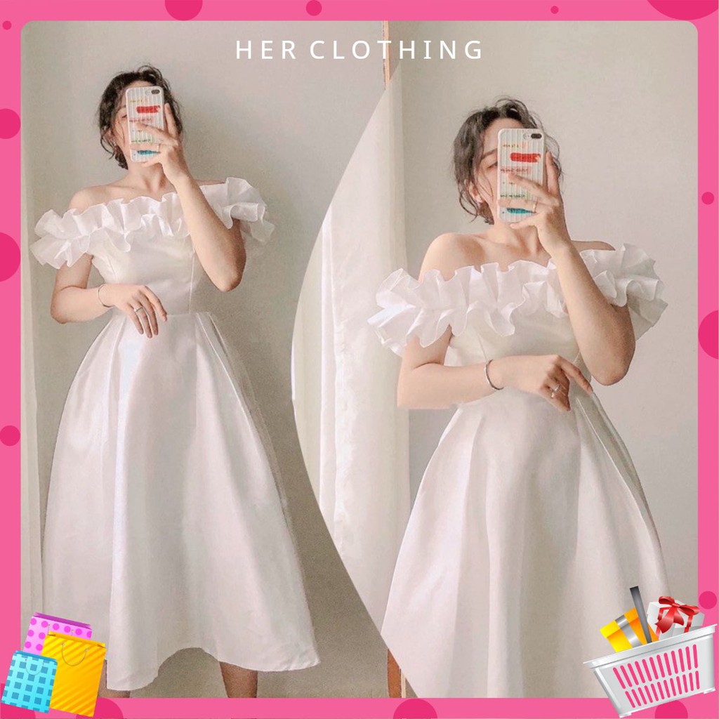 [Kiểu dài] Đầm dự tiệc trăng trễ vai bèo ngực CÓ MÚT NGƯC siêu dễ thương có lót toàn thân