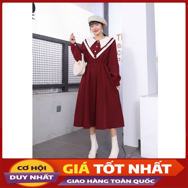 Đầm Nữ Da Lộn Nhung Cổ Sen Viền Khuy Ngực Cực Sang M064-Violet_Store