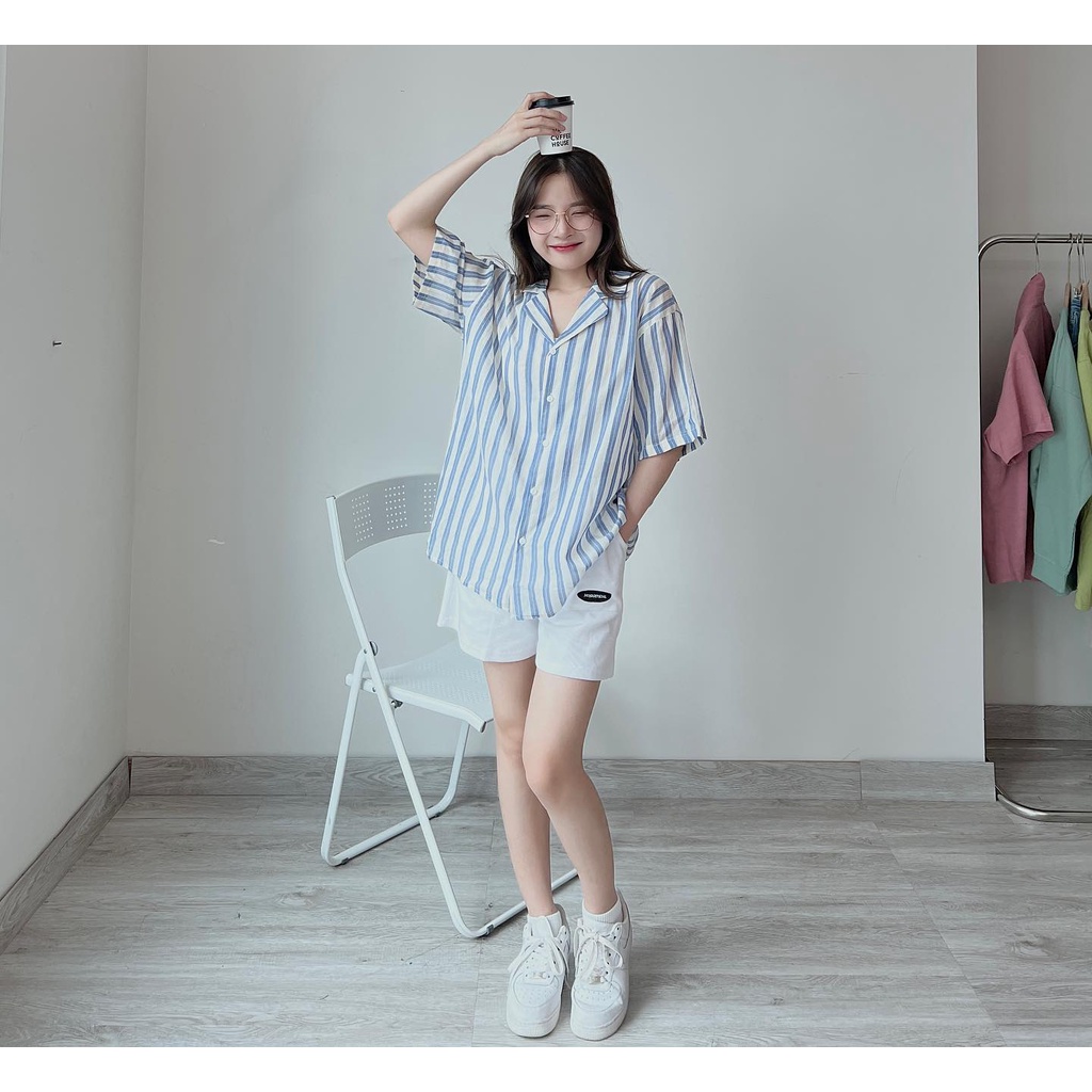 Sơ mi cộc tay cổ vest kẻ sọc thời trang nữ Miho house