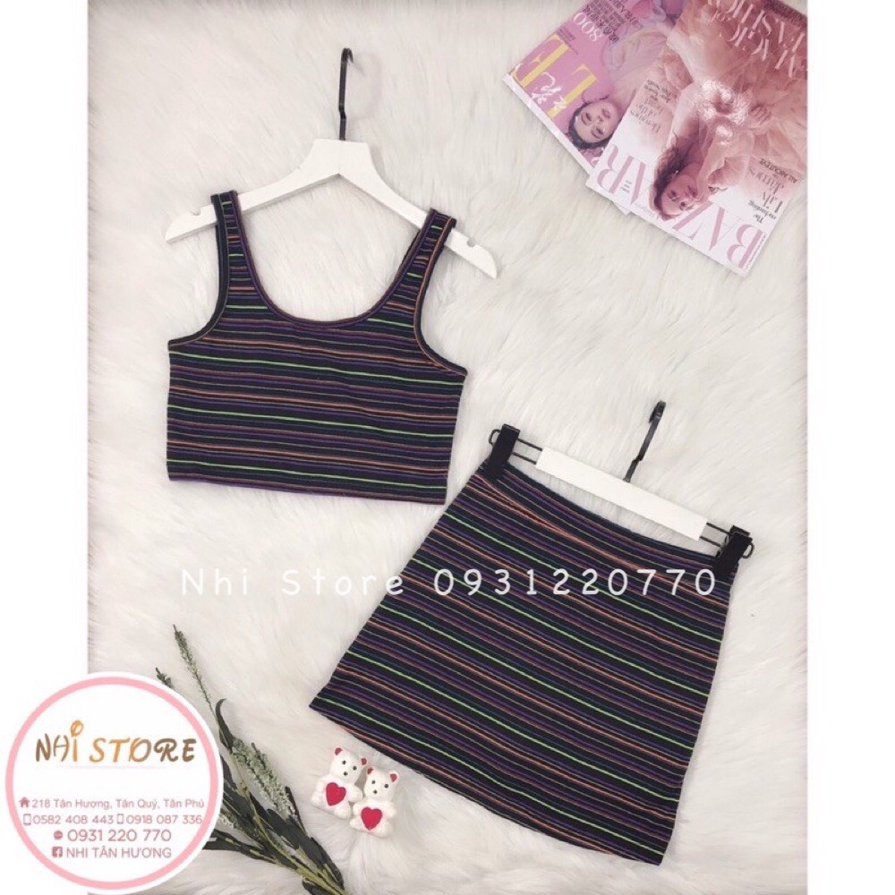 [FREESHIP 50K] BỘ SET THUN NHISTORE ÁO CROPTOP 2 VAI PHỐI CHÂN VÁY A NĂNG ĐỘNG THUN COTTON [FREESIZE] DƯỚI 45KG - 55KG