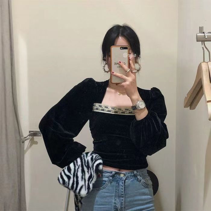 Áo Sơ Mi Tay Dài Cổ Vuông Bằng Vải Nhung Màu Đen Phong Cách Pháp Thời Trang 2022