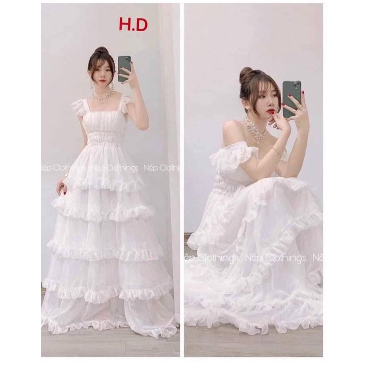 Váy đầm trắng maxi dự tiệc sang trọng xòe công chúa xếp tầng vai bèo cánh tiên-  zadola fashion