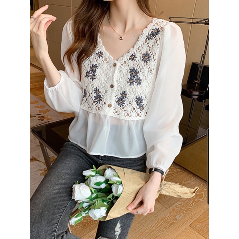 áo chiffon babydoll dài tay thêu len hoa nhí