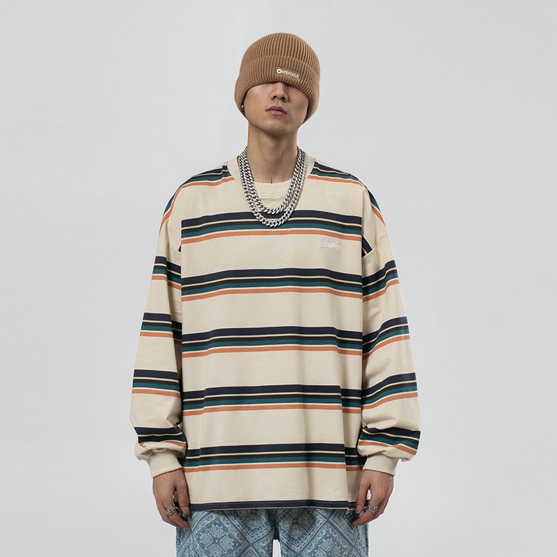 Áo thun tay dài cổ tròn kẻ sọc thời trang Hip Hop cho nam