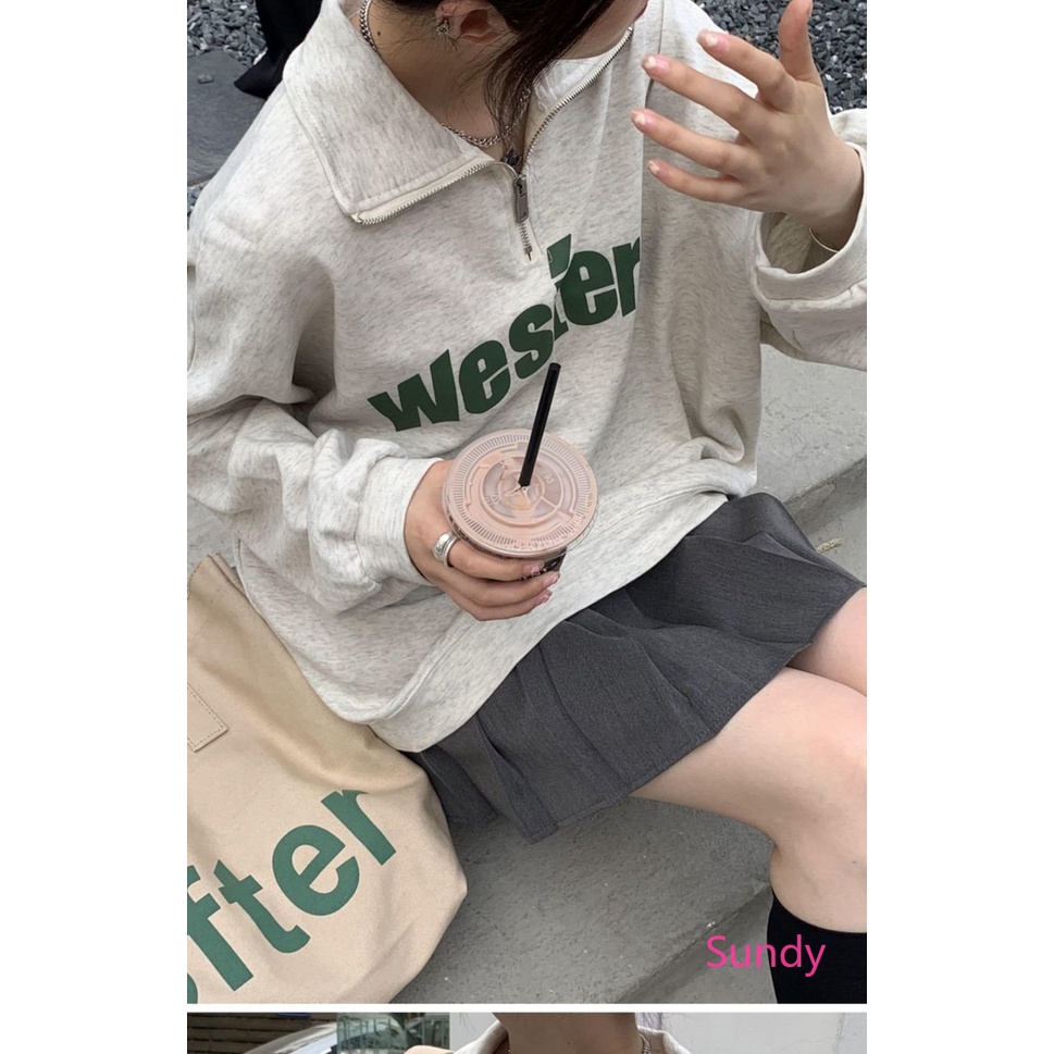 Áo Sơ Mi Tay Dài Dáng Rộng Màu Xám Nhạt Phối Khóa Kéo Thời Trang Xuân Thu Phong Cách Hàn Quốc Cho Nữ