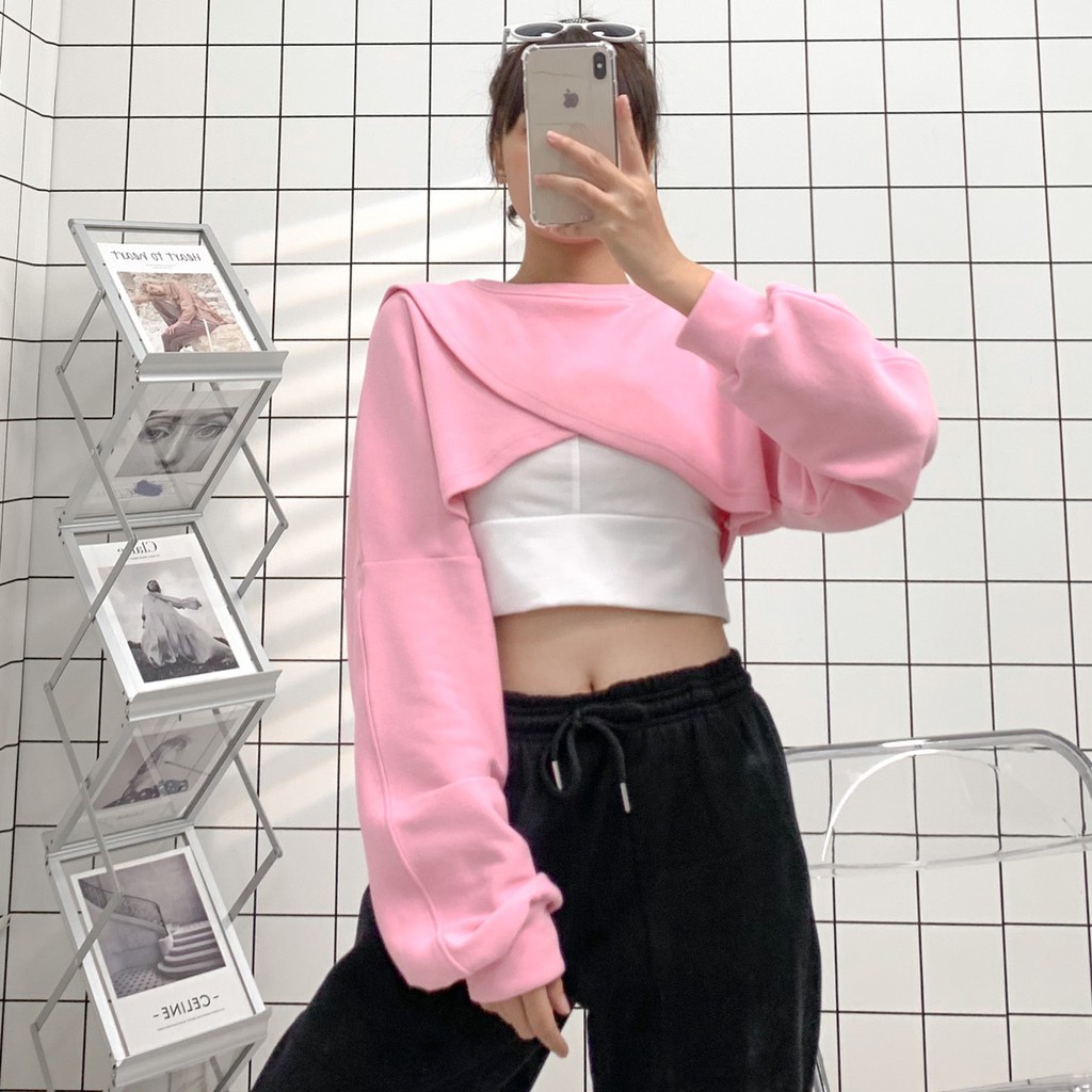 Áo Croptop Dài Tay Dáng Rộng Đắp Chéo SONA Phong Cách Hàn Quốc (Tặng Kèm Bra) - Tuni Store