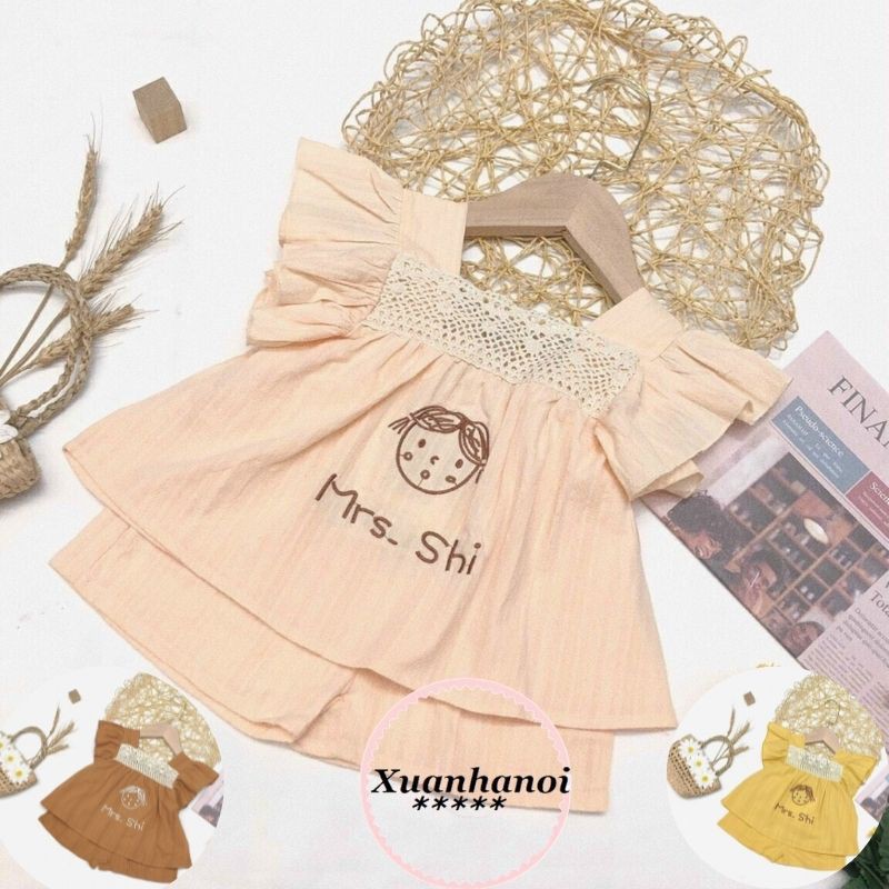 Bộ bé gái tay cánh tiên babydoll phối ren ngực 3 mầu Hồng, Vàng và Nâu XHN676
