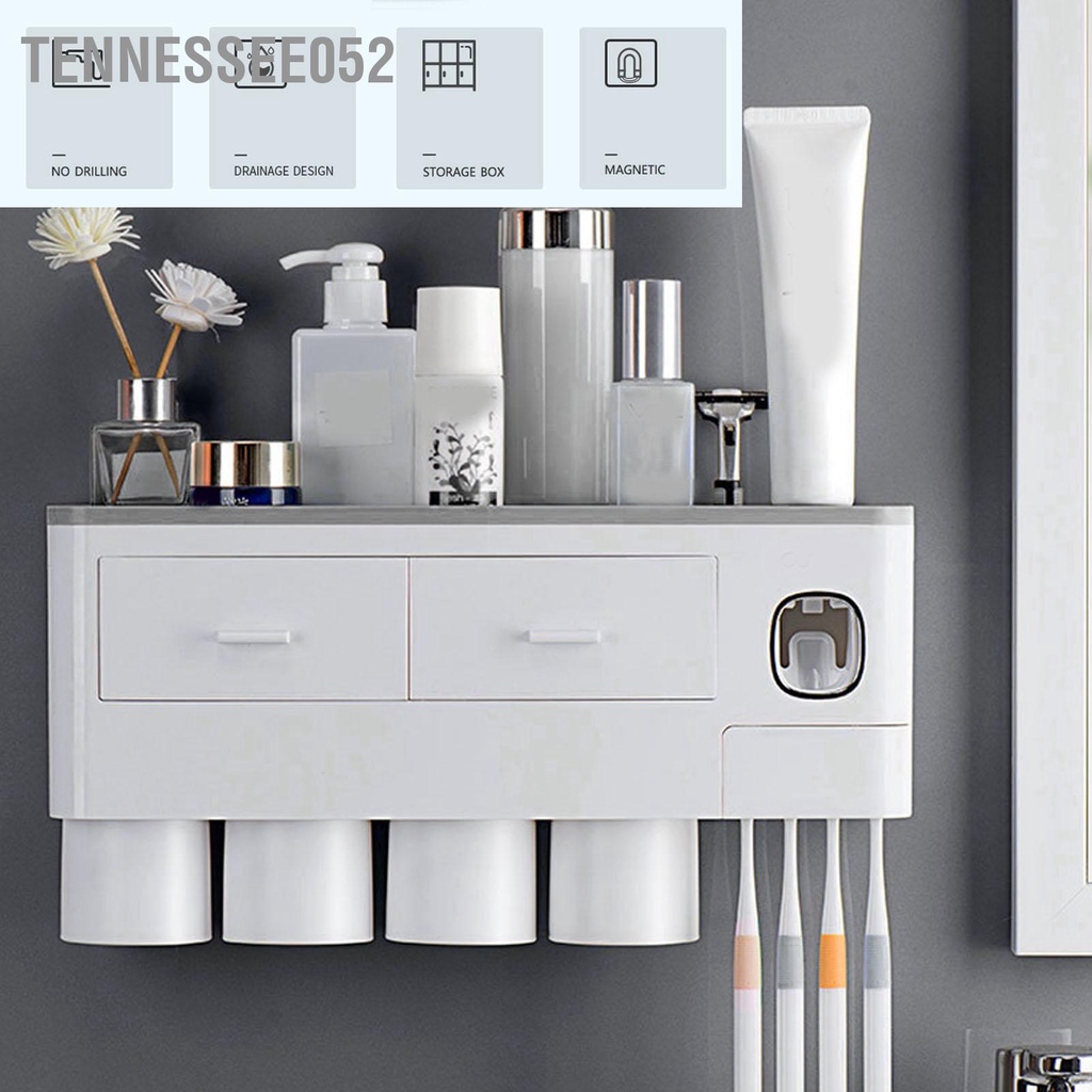 [Hàng HOT] Bộ Nhả Kem Đánh Răng Tự Động, Kệ Để Đồ Phòng Tắm Cao Cấp Treo tường kèm 4 cốc từ tính có ngăn kéo【Tennessee052】