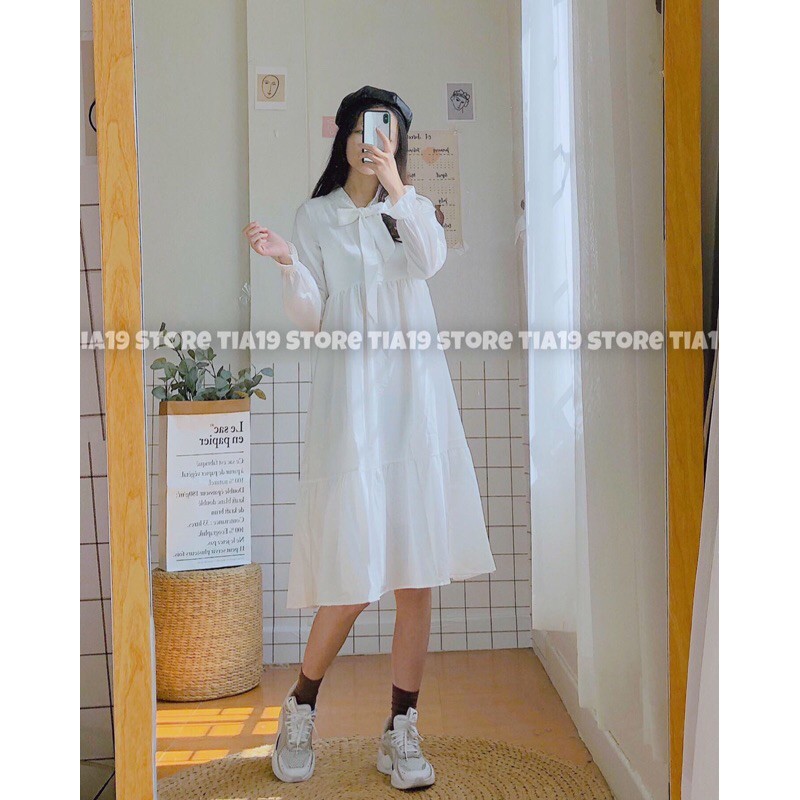 Váy babydoll trắng 2 lớp dài tay SP000165. Đầm babydoll tiểu thư trắng đẹp | BigBuy360 - bigbuy360.vn