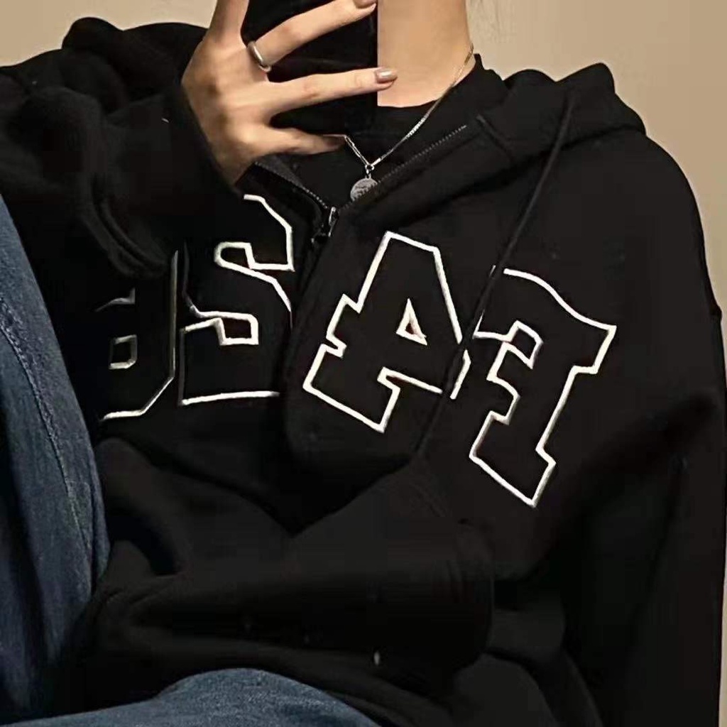 Áo Khoác Có Mũ Trùm Dáng Rộng Khóa Kéo Thời Trang Xuân Thu Mới