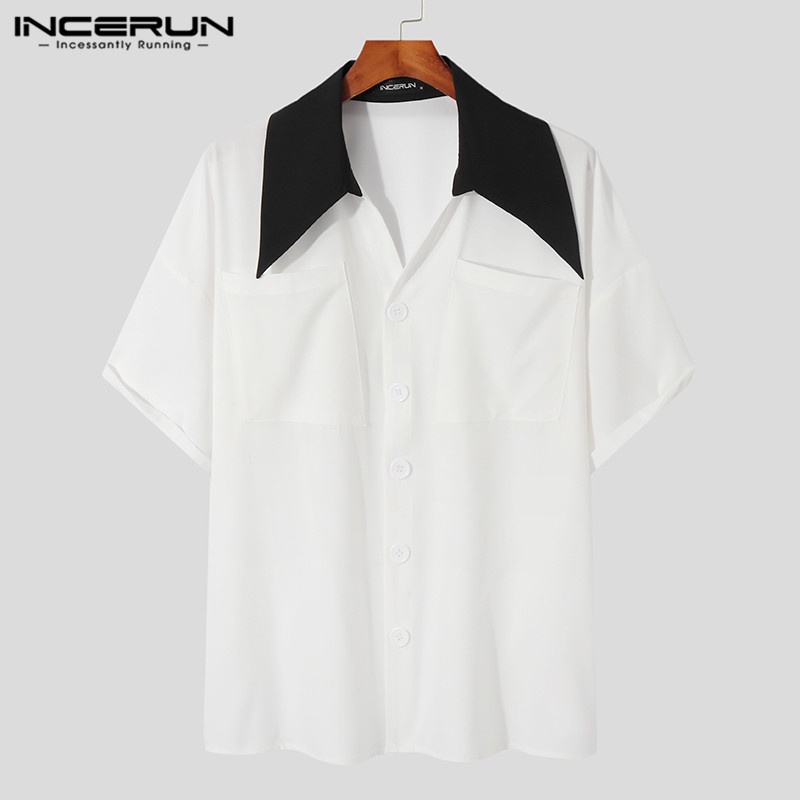 Áo sơ mi ngắn tay INCERUN phối màu tương phản thời trang công sở cho nam