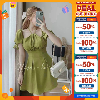 Đầm umi cổ yếm cột dây đính nơ xinh ở tay xoè nhẹ có mút ngực