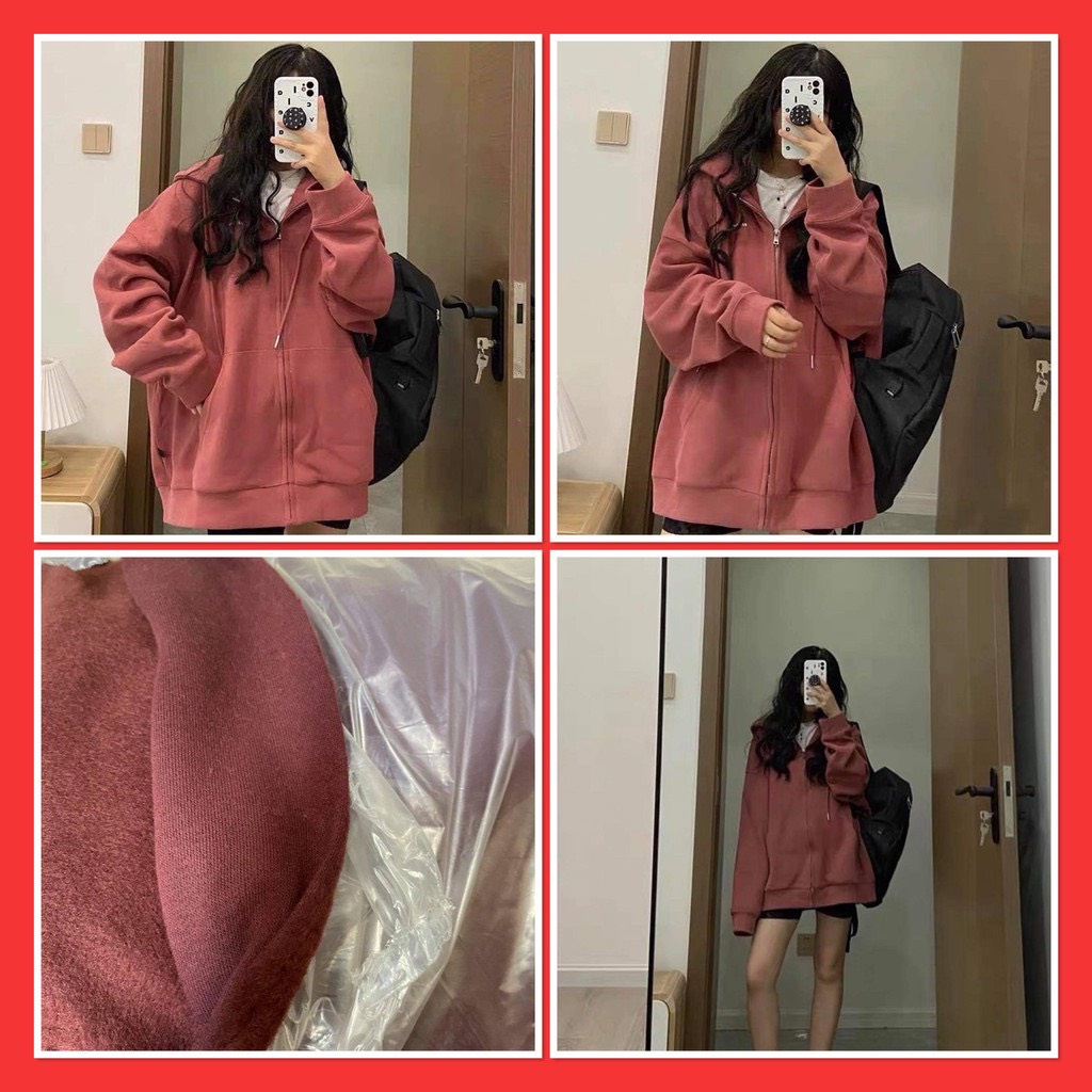 Áo Khoác Nỉ Hoodie Màu Đỏ Gạch Trơn Tay Bồng Nam Nữ Dáng Rộng Unisex Phong Cách Hàn Quốc
