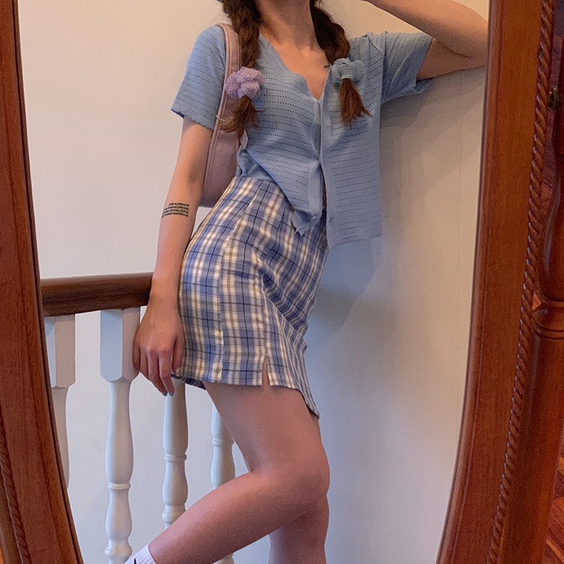 Chân váy ZHELIHANGFEI dáng ngắn lưng cao họa tiết kẻ sọc ca rô phong cách quyến rũ thời trang