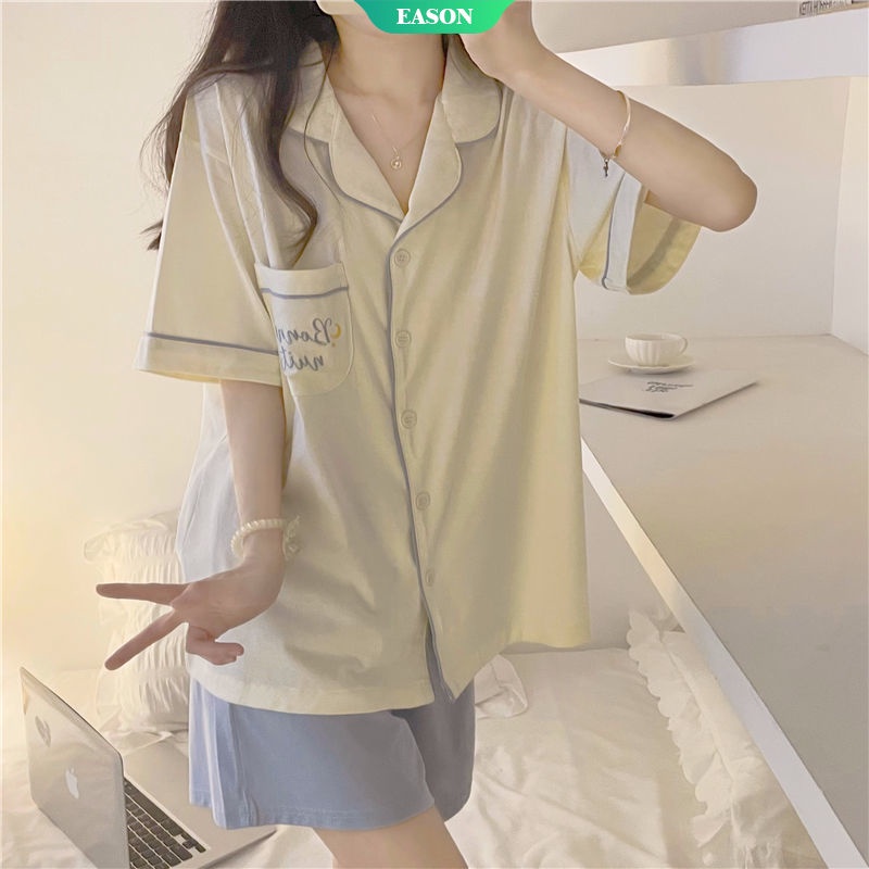 Bộ Đồ Ngủ Áo Cardigan Tay Ngắn Phối Quần Short Thiết Kế Đơn Giản Thời Trang Mùa Hè Xinh Xắn Cho Nữ