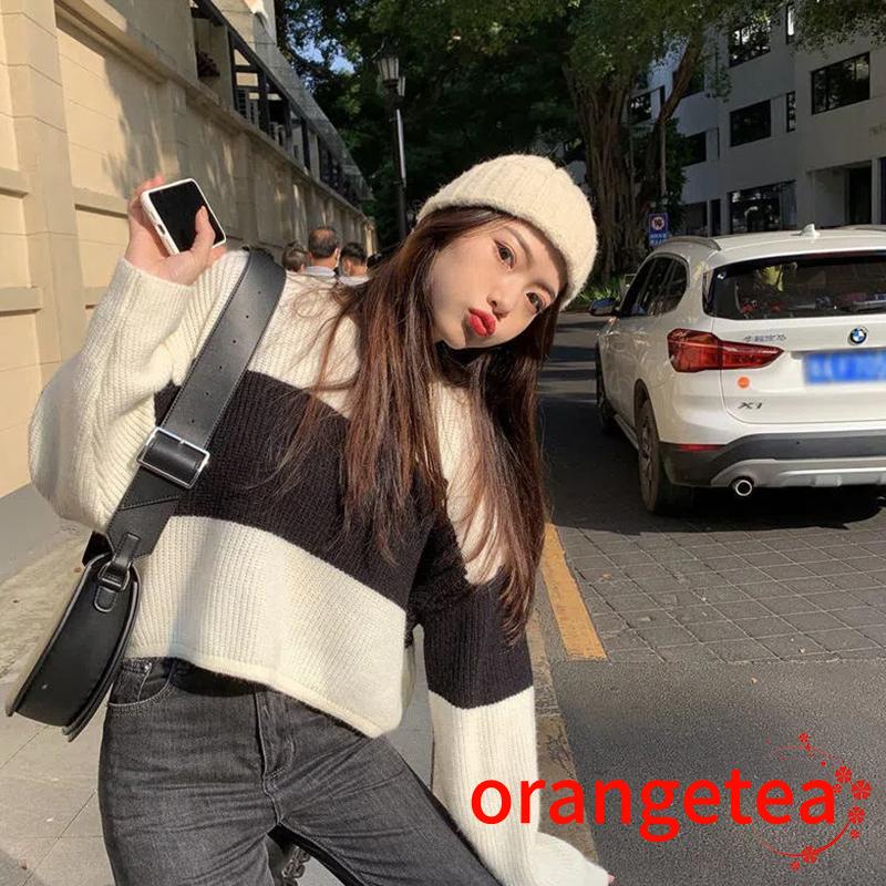 Áo Sweater Dệt Kim Tay Dài Cổ Tròn Dáng Rộng Màu Tương Phản Thời Trang Mùa Thu Cho Nữ