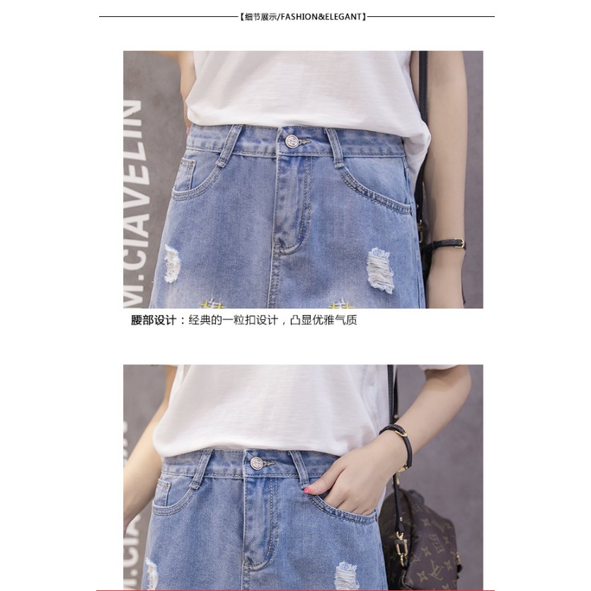 Chân váy jean thêu hoa QC