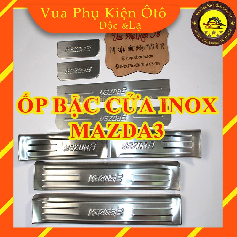 (TẶNG THÊM 2 cuộn băng keo 3M) Ốp bậc cửa Mazda 3 2015- 2019 -Bộ 8 miếng inox trong ngoài