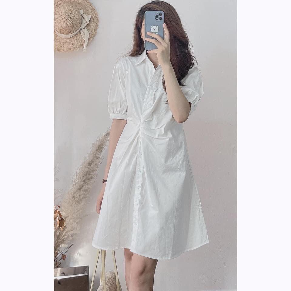 [Ảnh thật/Sẵn] Đầm - Váy sơ mi nhún eo xếp li tay bồng ulzzang