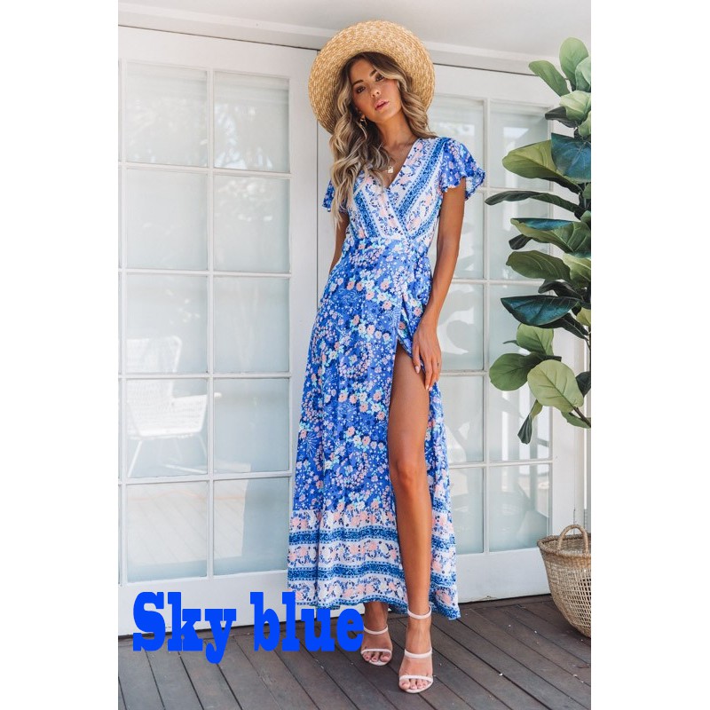 Đầm xẻ tà ngắn tay phối hoa văn Vintage cho nữ | BigBuy360 - bigbuy360.vn