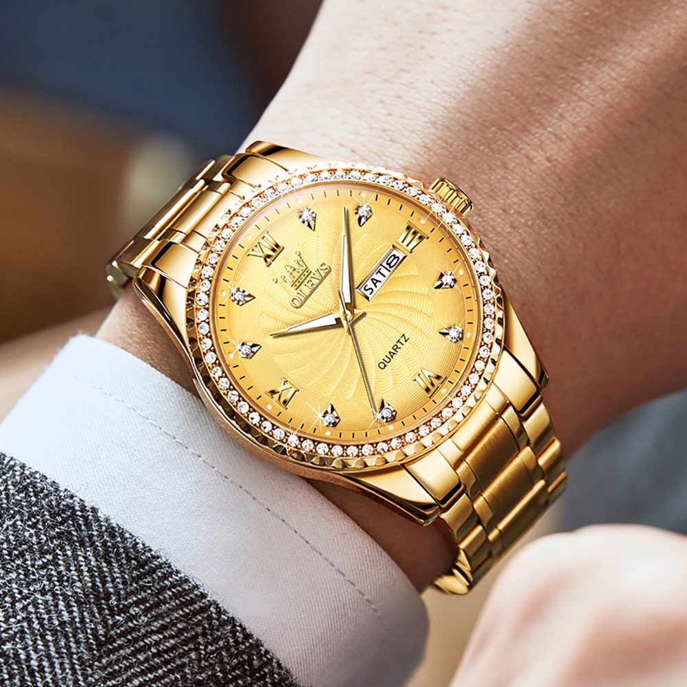 OLEVS 5565 đồng hồ nam chính hãng cao cấp chống nước dây thép đính đá đẹp vàng màu xanh lá trắng