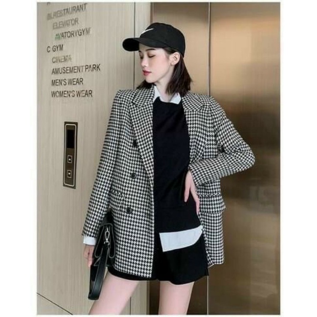 Hàng nhập - Áo khoác dạ nữ caro răng sói trẻ trung, áo blazer cổ vest 6 nút