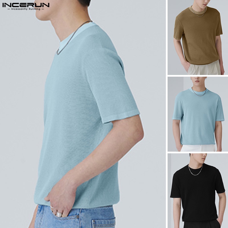 INCERUN Áo Thun Ngắn Tay Kẻ Sọc Caro Thời Trang Cho Nam