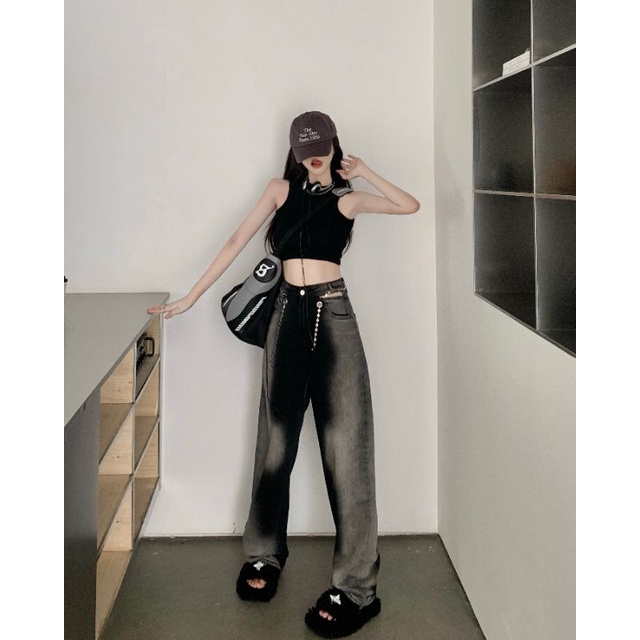 Quần bò jeans ống rộng xuông loang đen trắng cá tính unisex