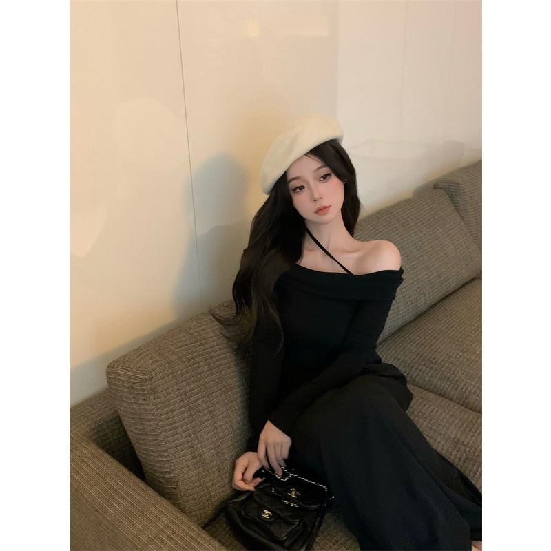 Đầm dài tay trễ vai màu đen/ nâu lạc đà phong cách Hàn Quốc dành cho nữ