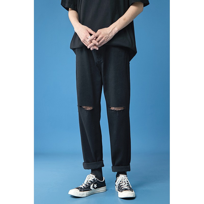 Quần jeans nam nữ rách gối , ống rộng , dáng baggy suông không phai màu phong cách Hàn Quốc | BigBuy360 - bigbuy360.vn