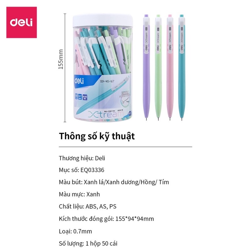Bút bi bấm văn phòng mực xanh ngòi 0.7mm Deli hộp 50 chiếc giá rẻ viết nét đều trơn tru phù hợp cho học sinh - EQ03336